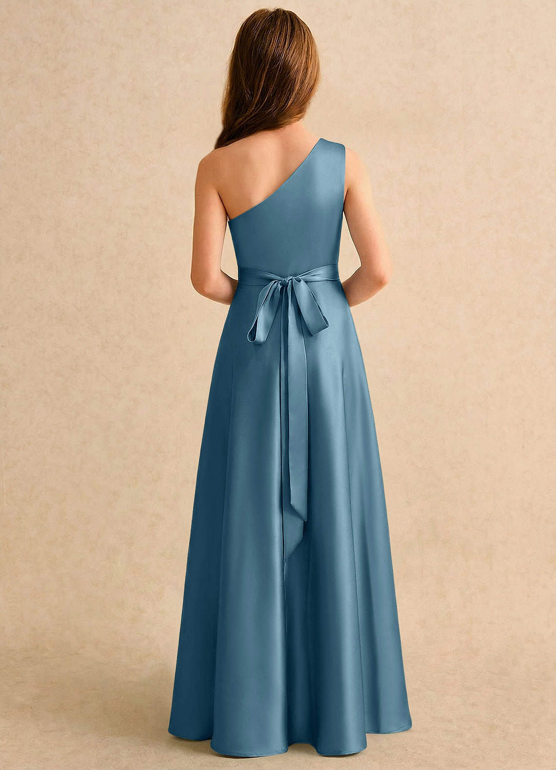 Azazie Puddles Girls Formal Robe Demoiselle D'honneur Fillette Robe Trapèze en Satin extensible Une épaule Bermude image1