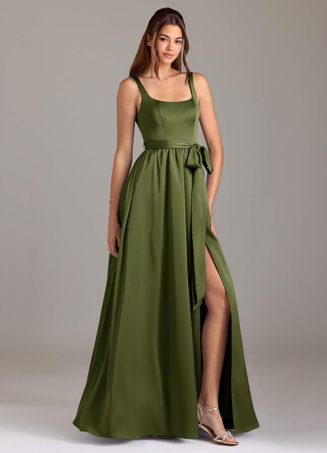 Azazie Elliott Bridesmaid Dresses Olive A-Line with Pockets Stretch Satin Dress image1
