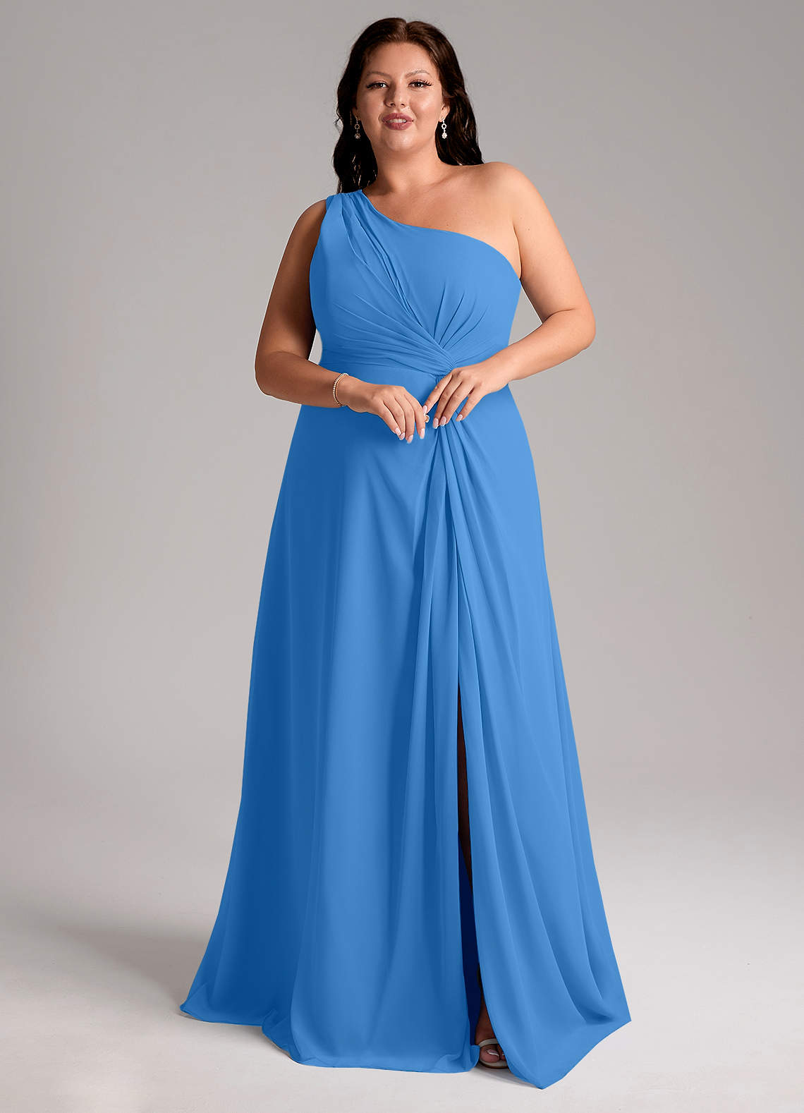 Azazie Brooke Vestidos de damas de honor Vestido de Azul Grisaceo de Gasa de Corte en A con Hombro unilateral image10