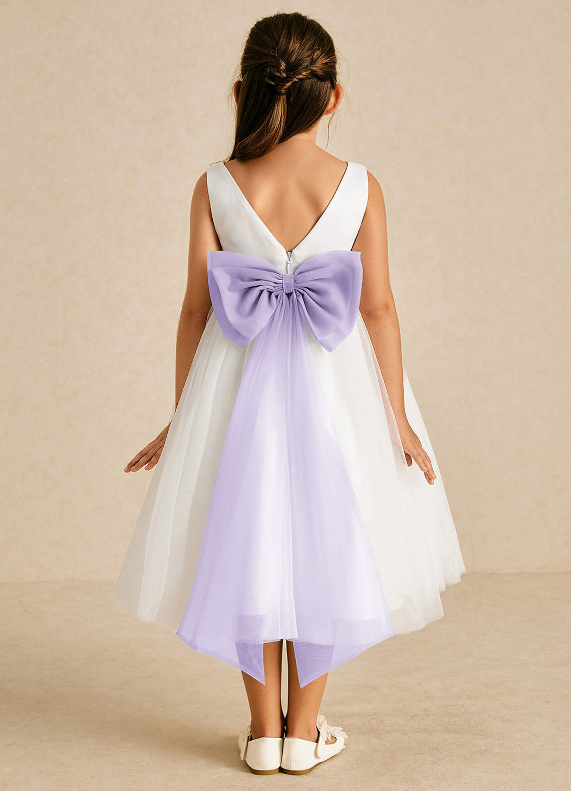 Azazie Kavi Flower Girl Dresses Ivory Lilac A-Line Bow Matte Satin Dress image1