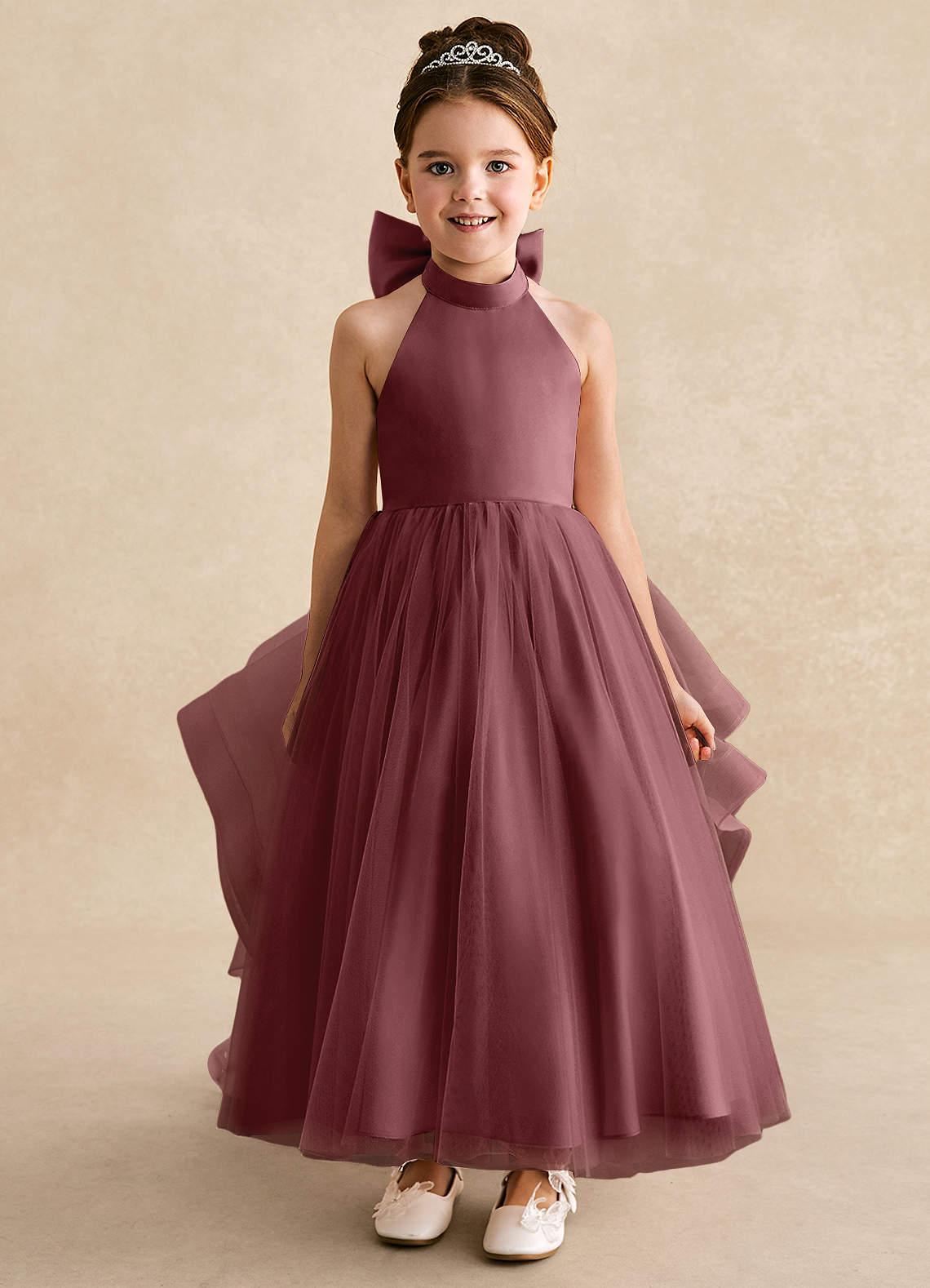 Azazie Bev Vestidos de florista Vestido Rosa Do Deserto de Tule de Linha A com Conversível image2