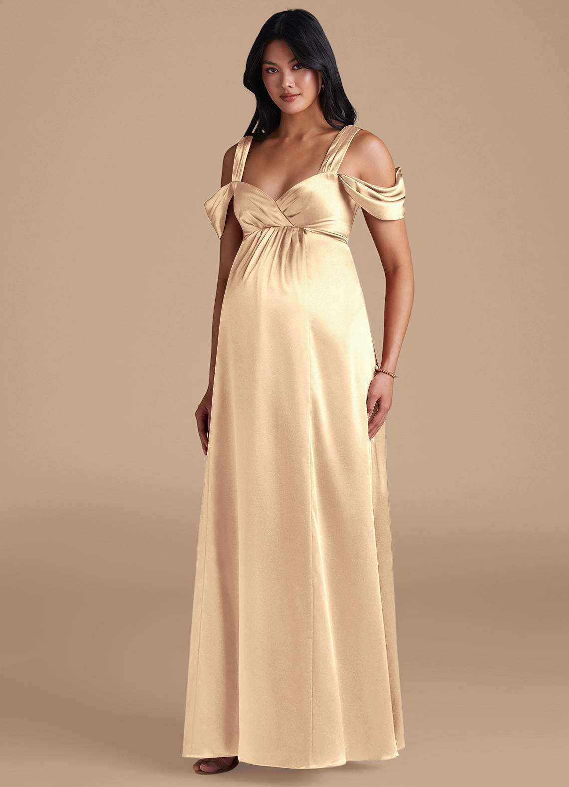 Azazie Rhea Maternity Bridesmaid Dresses A-Line Pleated Metallic Satin Floor-Length Dress image1