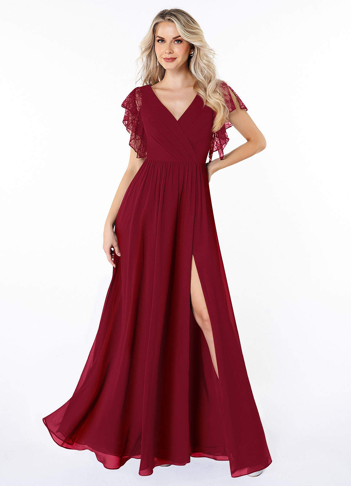 Azazie Zella Bridesmaid Dresses Burgundy A-Line Lace Chiffon Dress image1