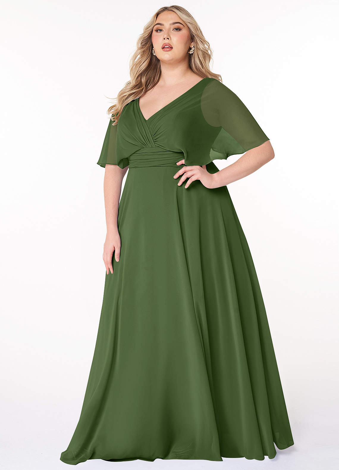 Azazie Pamela Bridesmaid Dresses Olive A-Line V-Neck Pleated Chiffon Dress image1