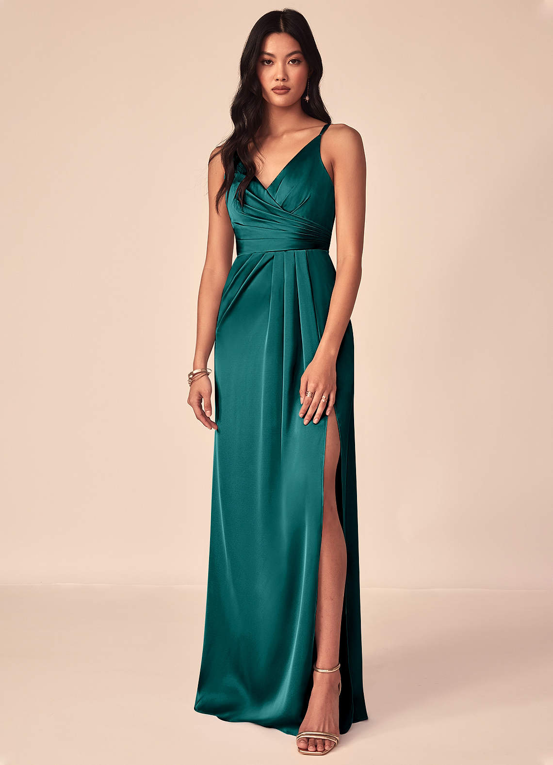 Azazie Aqua Bridesmaid Dresses Peacock A-Line V-Neck Pleated Stretch Satin Dress image1
