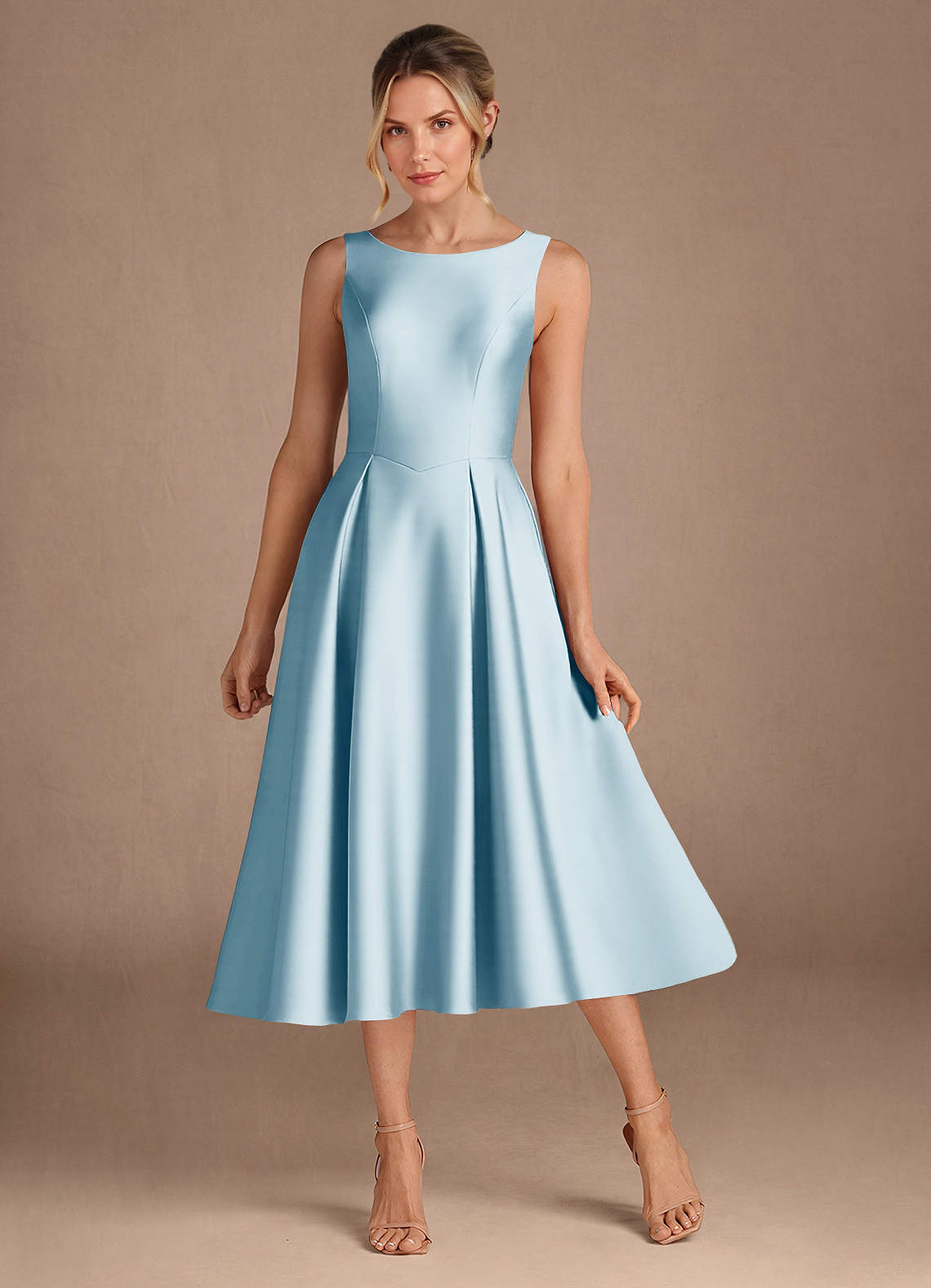 Azazie Fulton vestidos de madre de la novia Vestido de Azul Cielo de Satén Elástico de Corte En A con Plisado image1
