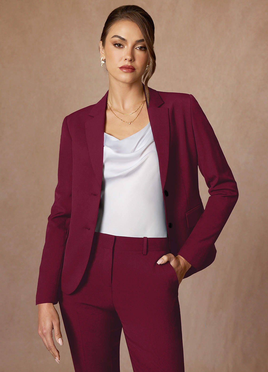 front Whitney Burgundy Structured Stretch Blazer