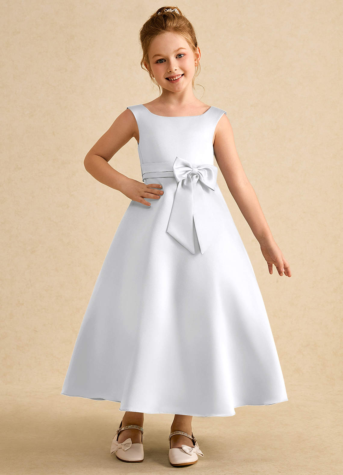 Azazie Eve Flower Girl Dresses White A-Line Pleated Matte Satin Dress image1