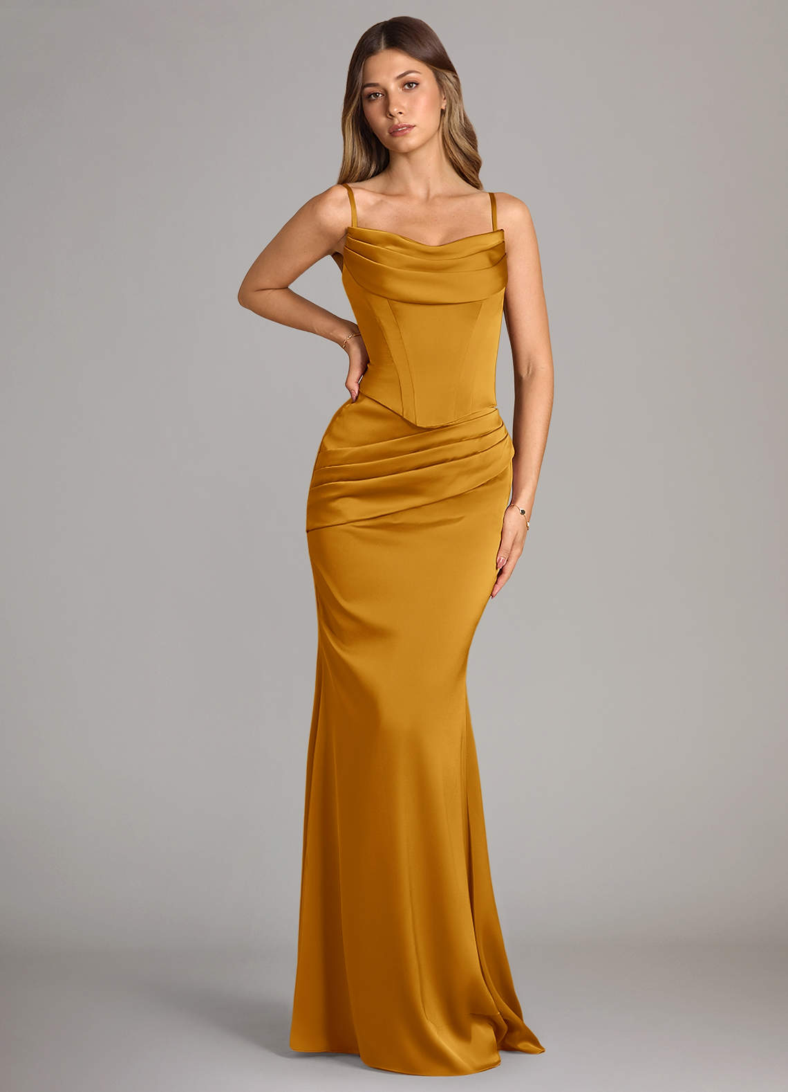 Azazie Sorrel Vestidos de damas de honor Vestido de Caramelo de Satén Elástico de Corte Sirena Convertible con Sin tirantes image5