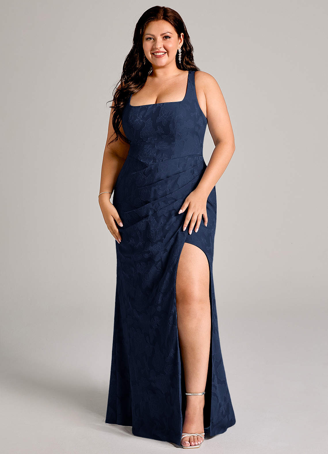 Azazie Mero Bridesmaid Dresses Dark Navy Sheath Pleated Floral Burnout Dress image1