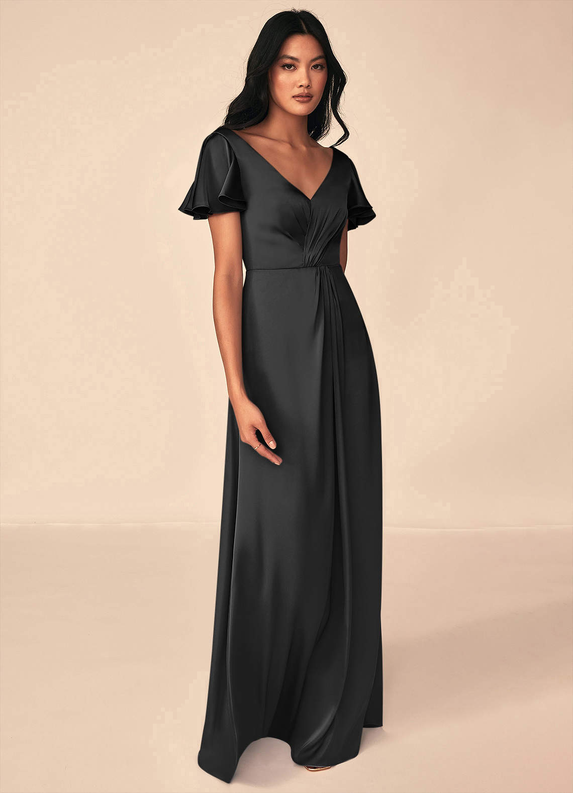Azazie Soren Bridesmaid Dresses Black A-Line Pleated Stretch Satin Dress image3
