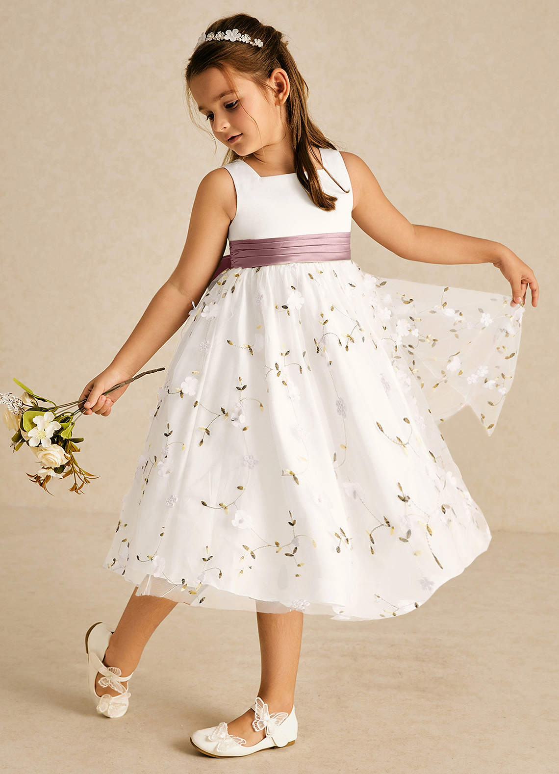 Azazie Pollie Flower Girl Dresses Ivory Dusty Rose A-Line Bow Tulle Dress image1