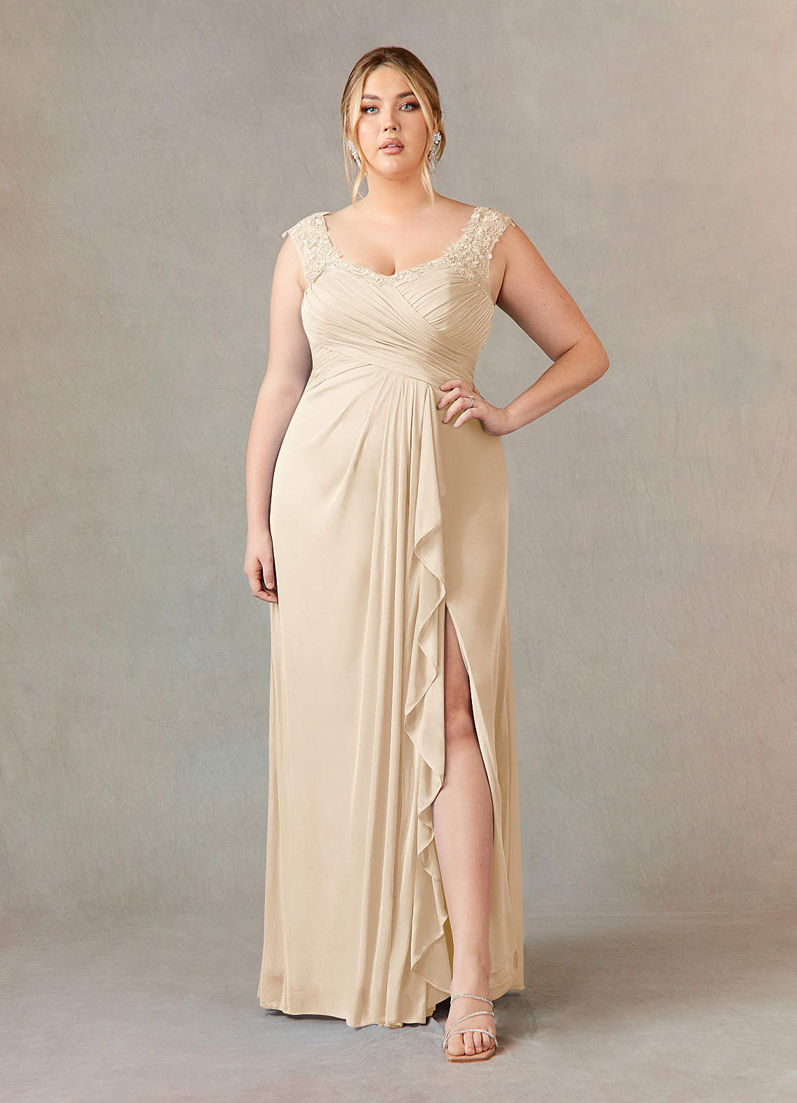 Azazie Edelin Mother of the Bride Dresses Champagne A-Line Sweetheart Neckline Pleated Mesh Dress image1