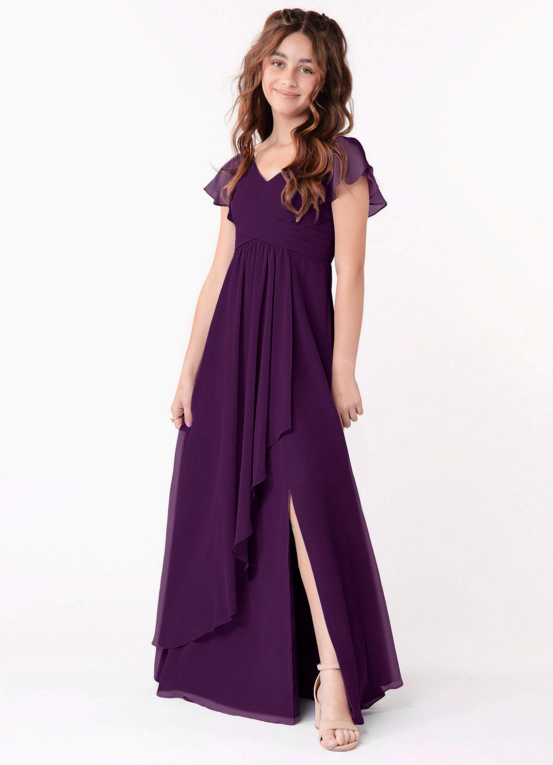 Azazie Omari Junior Grape A-Line Ruched Chiffon Dress image1