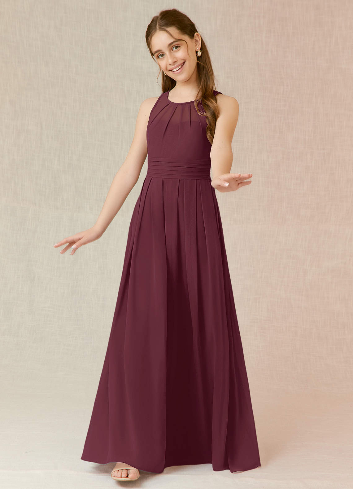 Azazie Bibiane Junior Abito A-Line in Chiffon Plissettato Cabernet image3