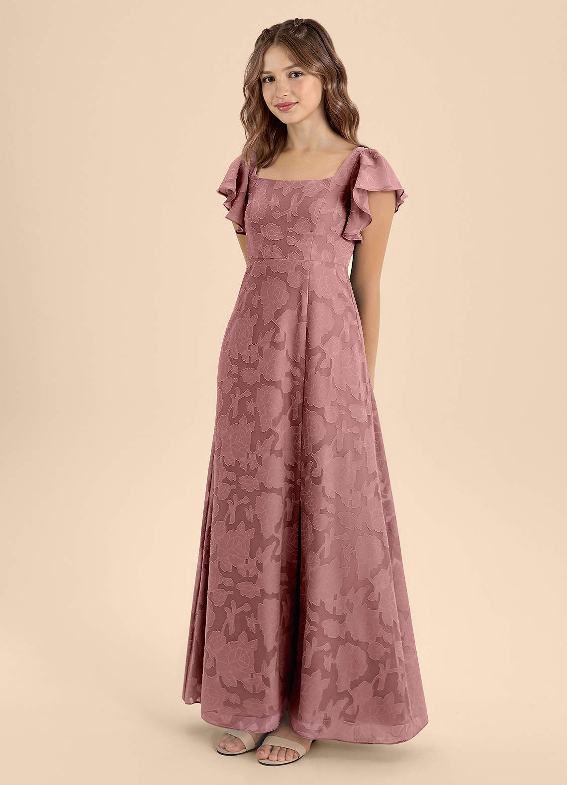 Azazie Bondi Junior Dusty Rose A-Line Bow Floral Burnout Dress image2