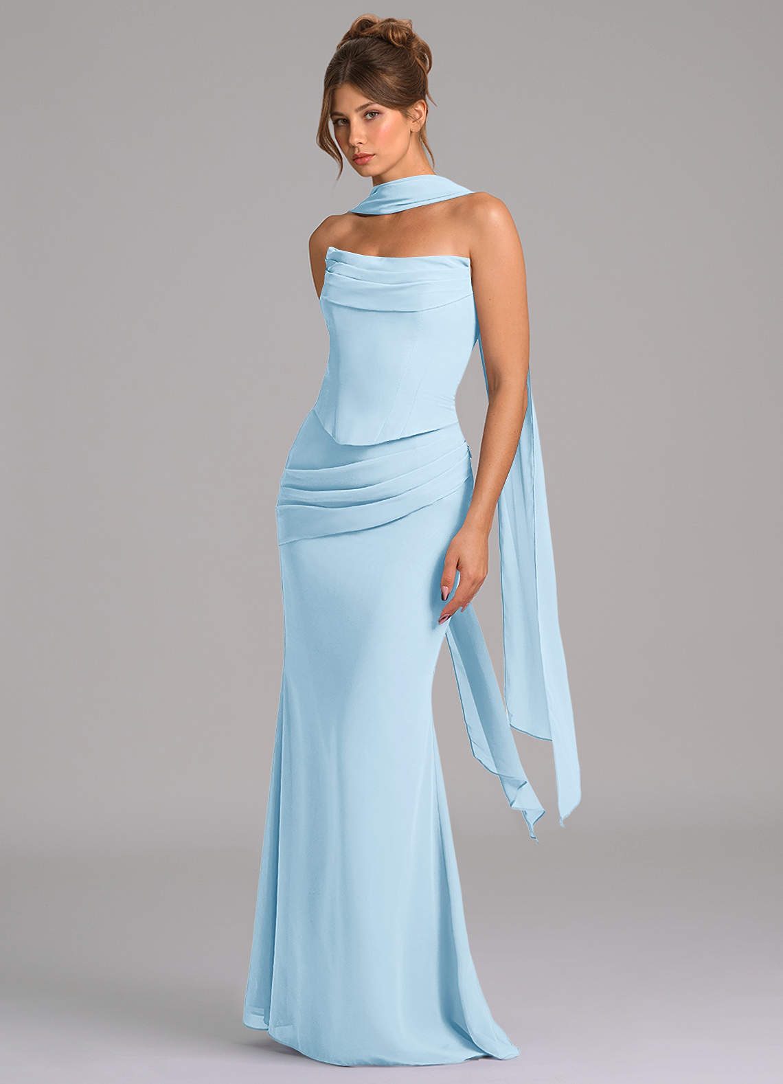 Azazie Sorrel Vestidos de damas de honor Vestido de Azul Cielo de Gasa de Corte Sirena con Corsé image4