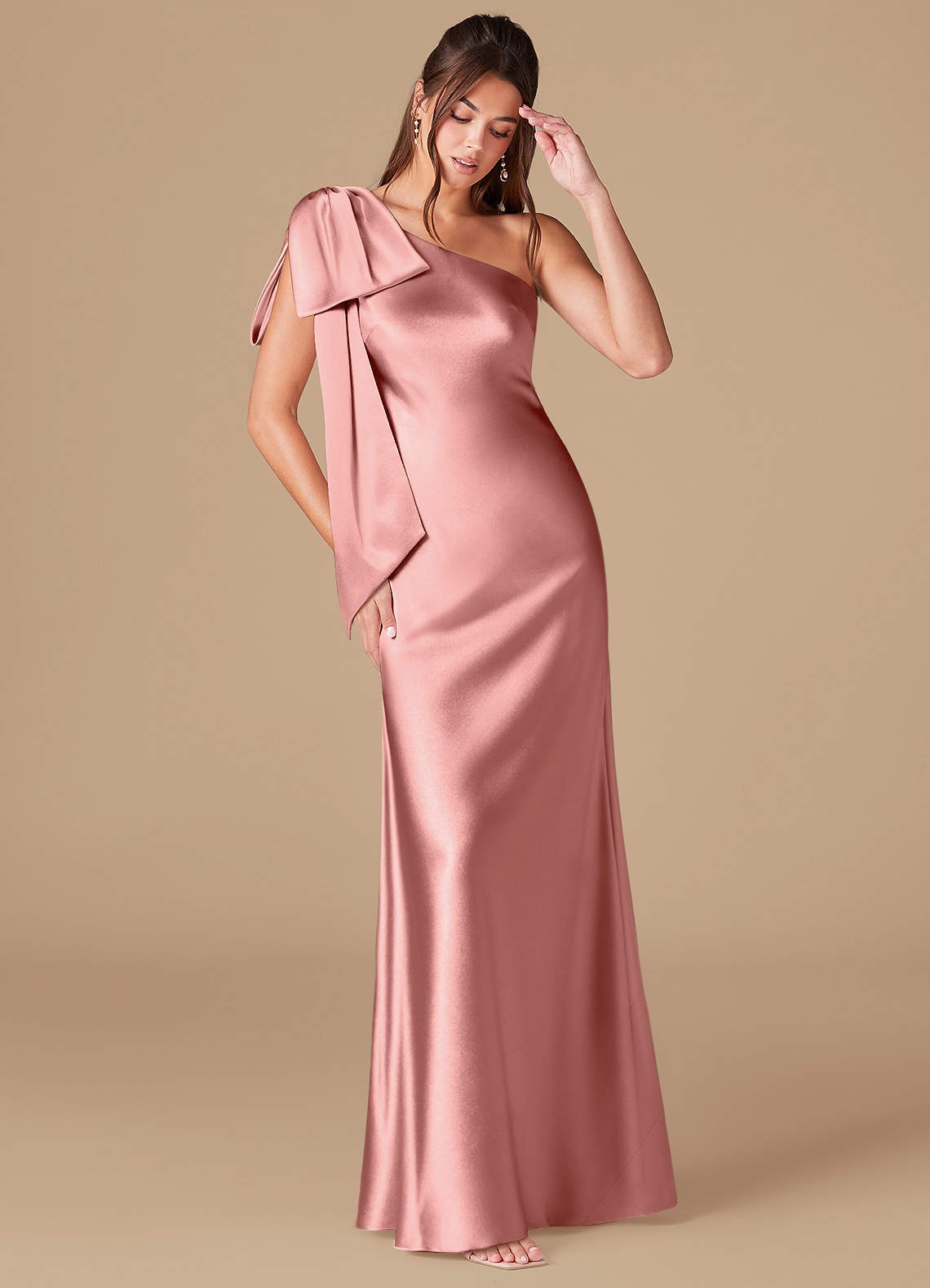 Azazie Capri Bridesmaid Dresses Rosette Sheath One Shoulder Metallic Satin Dress image1