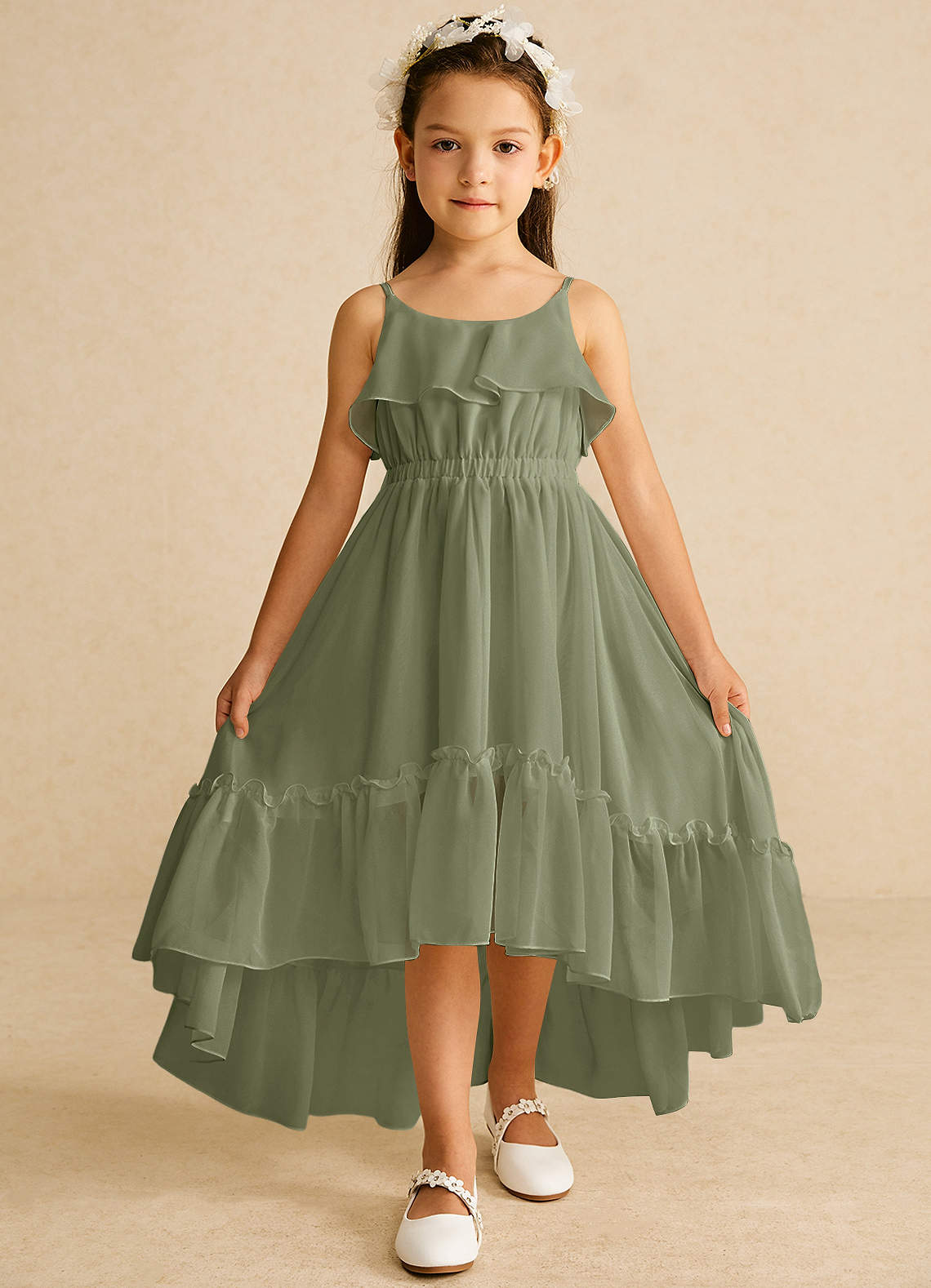 Azazie Karmen Flower Girl Dresses Pistachio A-Line Ruched Chiffon Dress image1