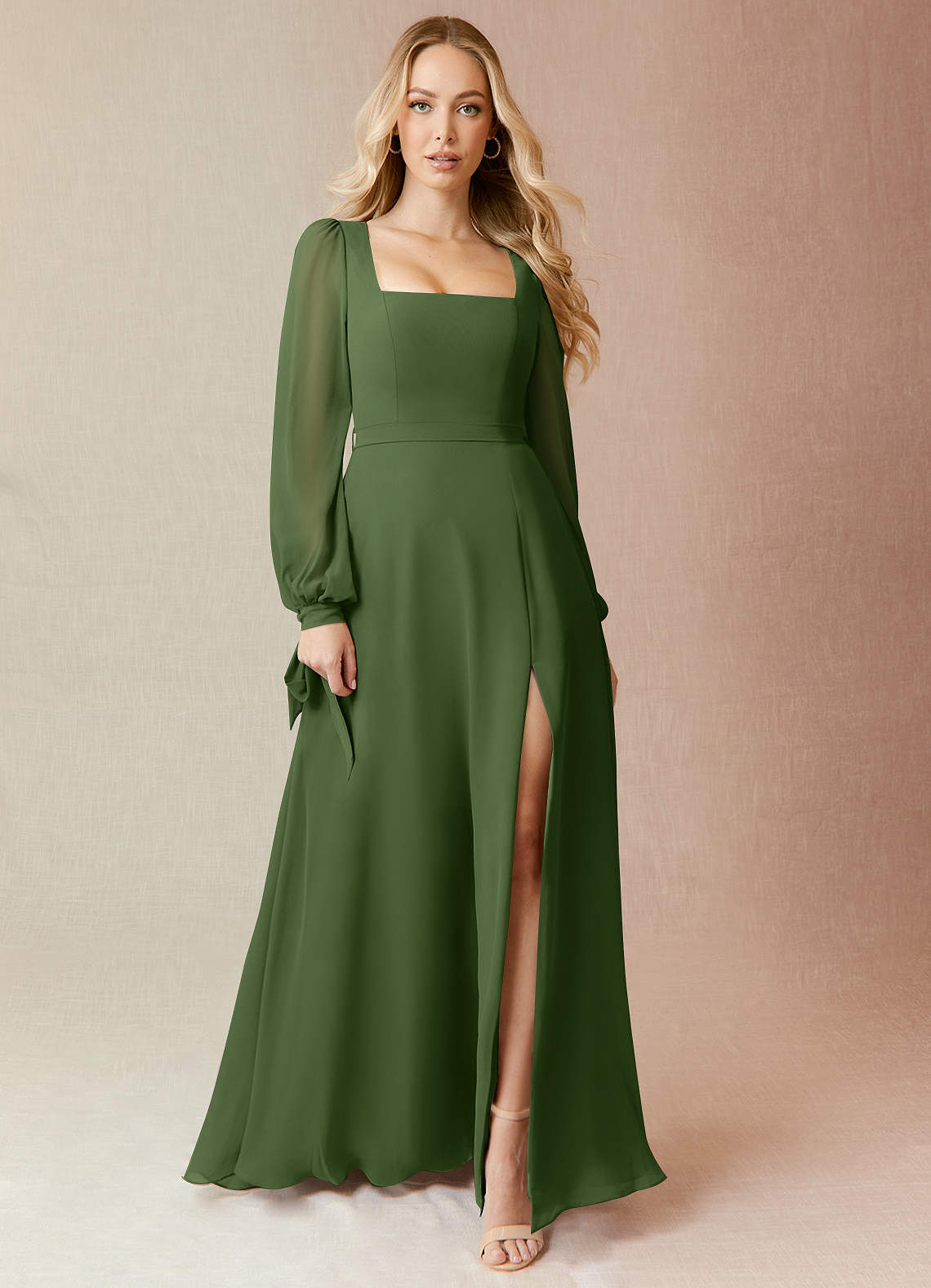 Azazie Leonia Bridesmaid Dresses Olive A-Line Long Sleeve Chiffon Dress image2