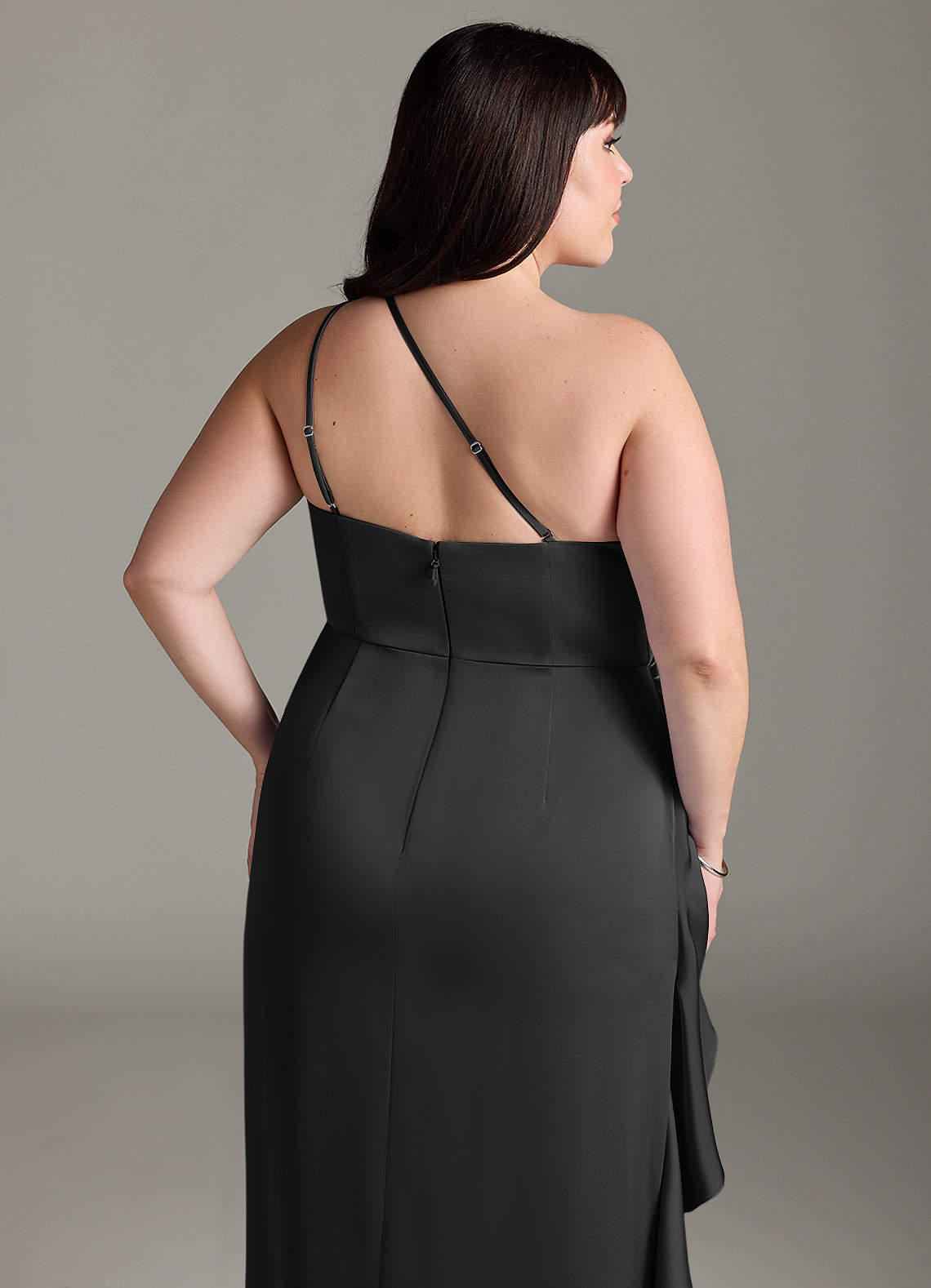 Azazie Latrice At-home Try On Dresses Black Sheath One Shoulder Cascading Ruffles Stretch Satin Dress image13