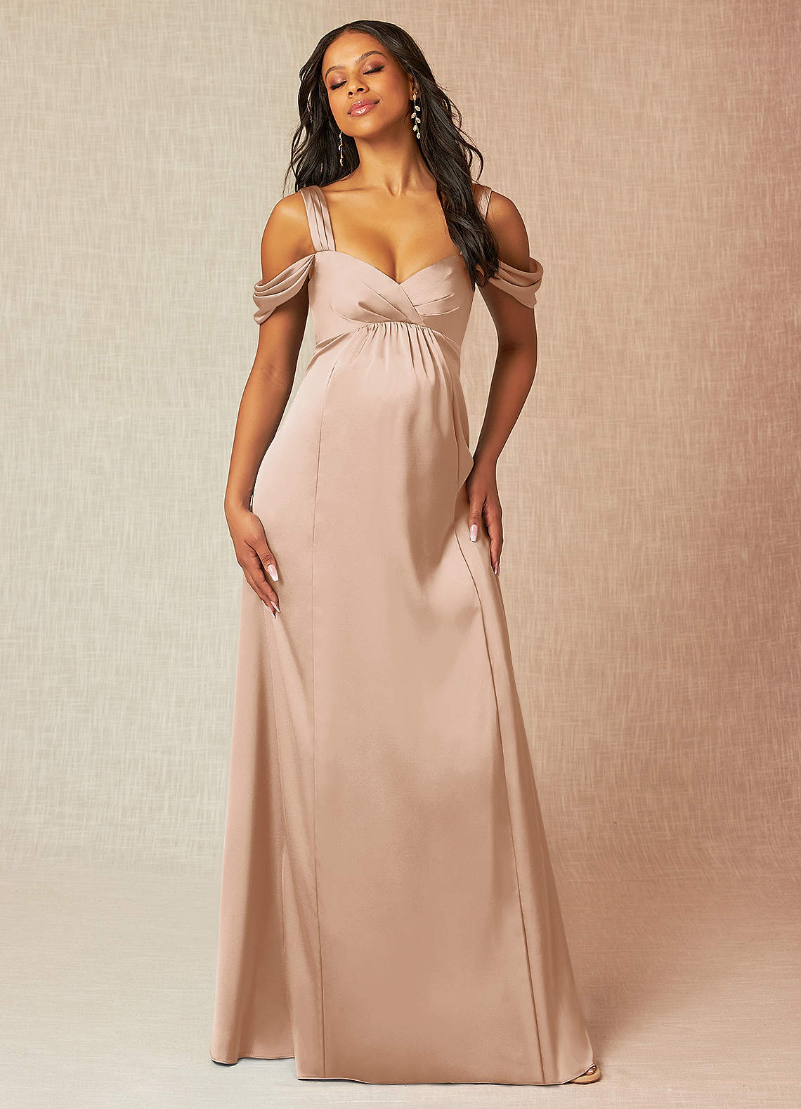 Azazie Rhea Maternity Bridesmaid Dresses A-Line Off-The-Shouler Pleated Stretch Satin Floor-Length Dress image3
