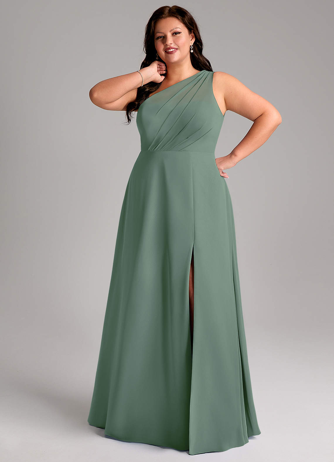 Azazie Phaedra Bridesmaid Dresses Eucalyptus A-Line One Shoulder Chiffon Dress image12