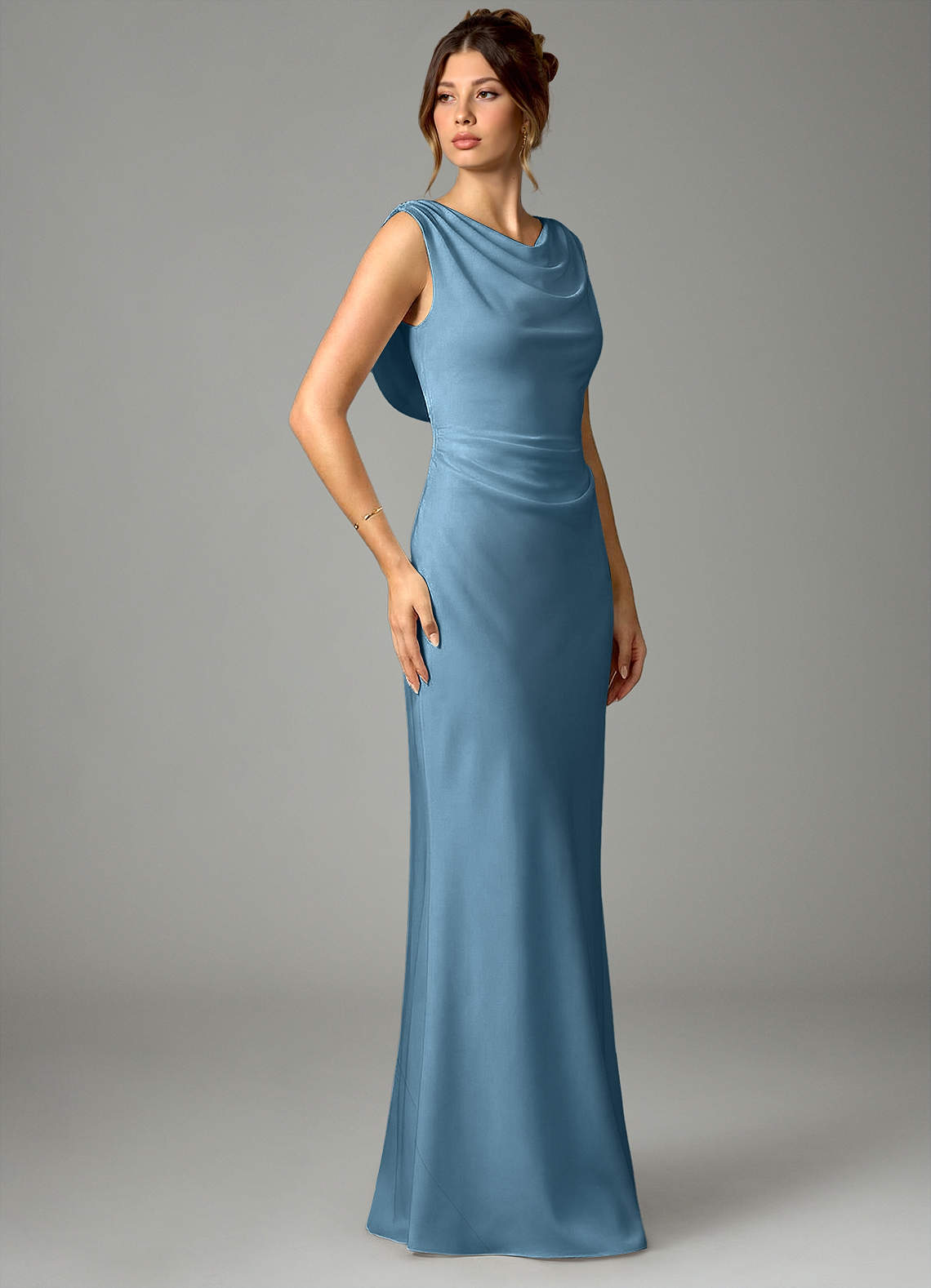 Azazie Kieryn Bridesmaid Dresses Steel Blue Mermaid Pleated Stretch Satin Dress image2