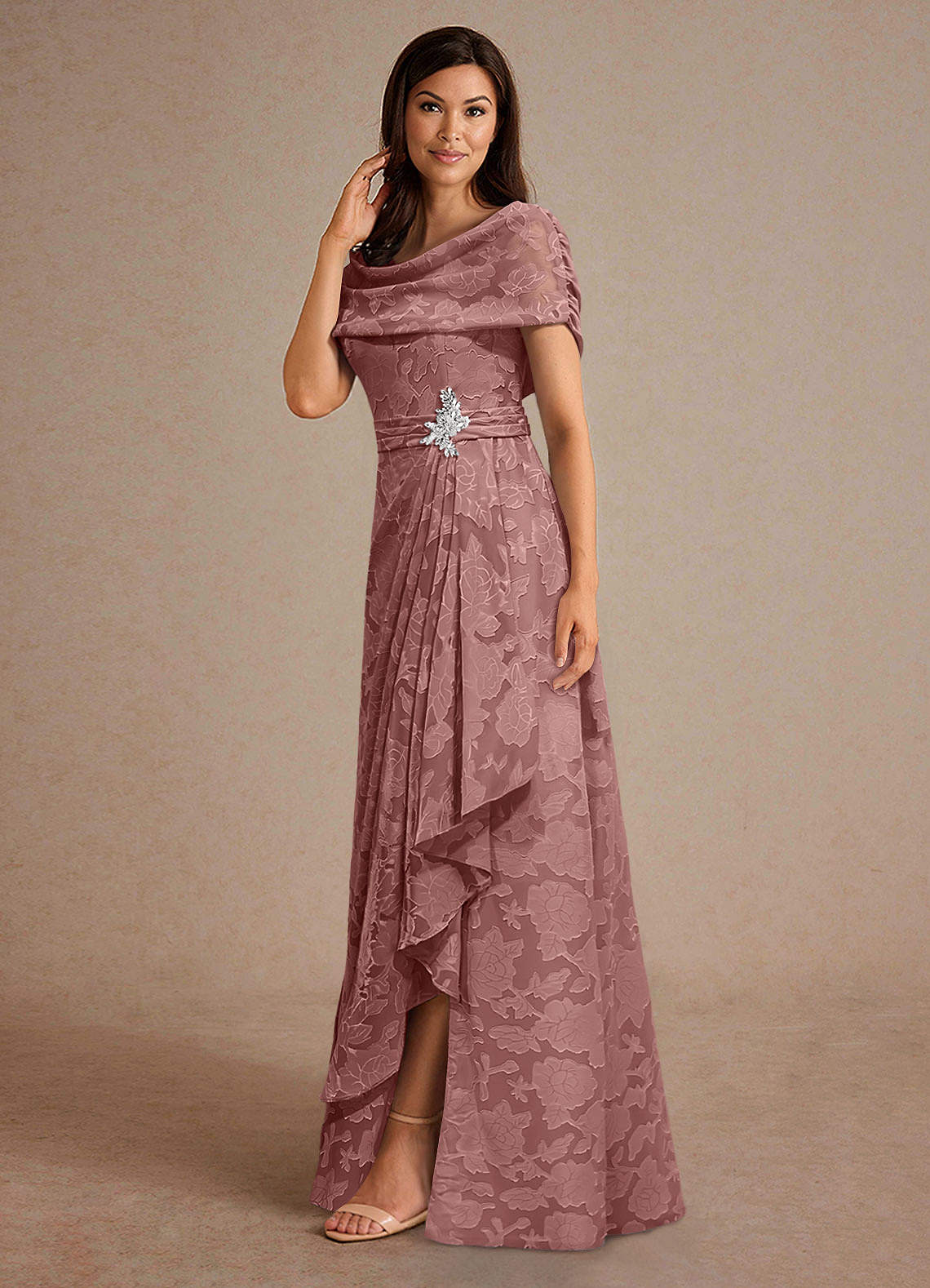Azazie Branford Mother of the Bride Dresses Dusty Rose A-Line Pleated Floral Burnout Dress image1