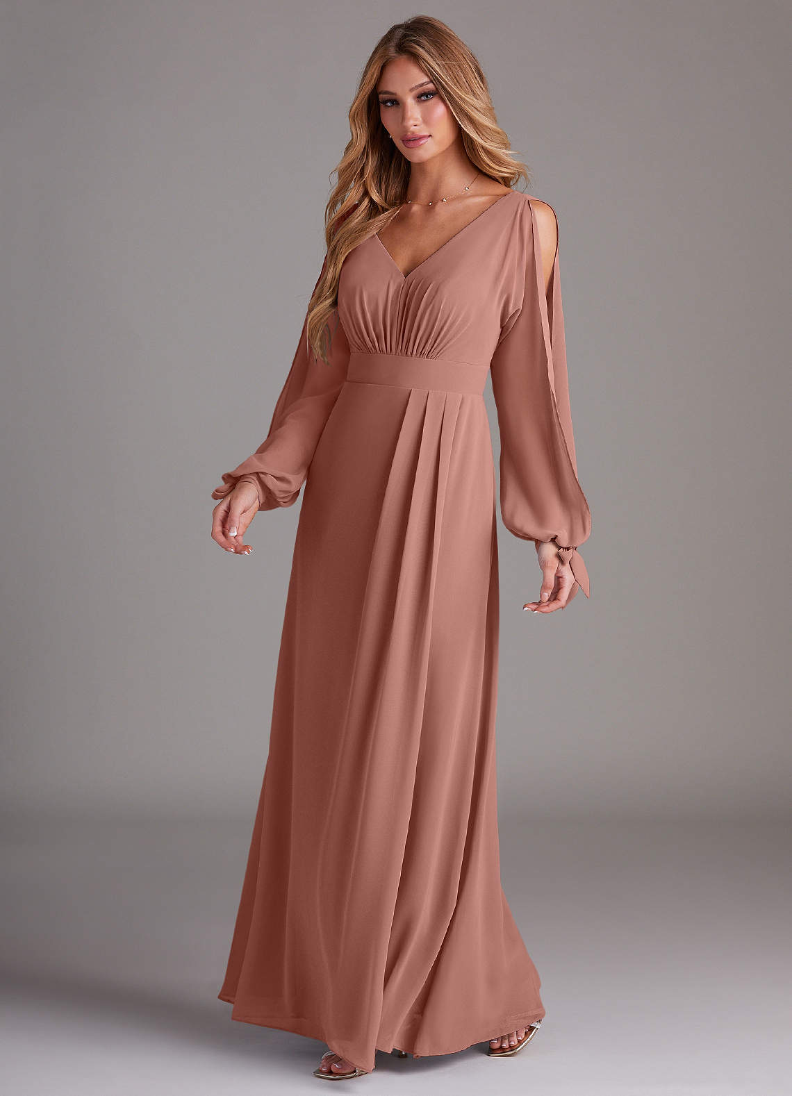 Azazie Matilda Bridesmaid Dresses Cedar Rose A-Line Long Sleeve Chiffon Dress image1