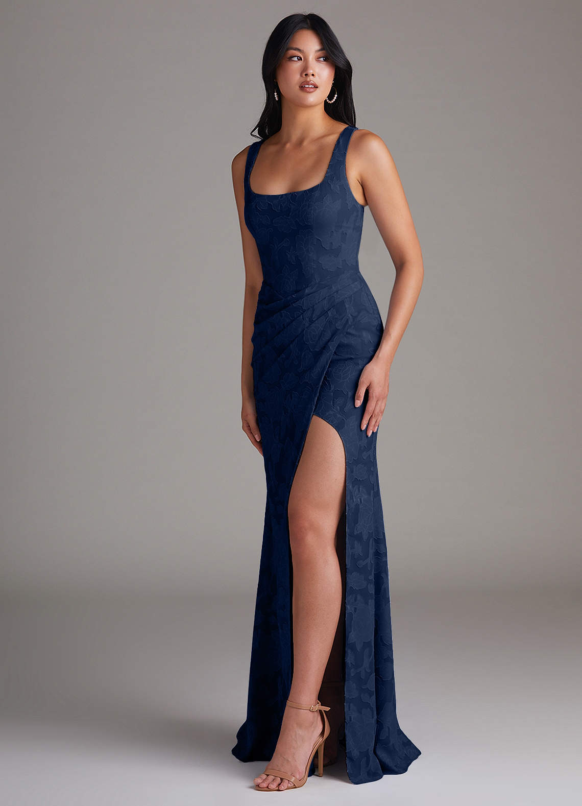 Azazie Mero Bridesmaid Dresses Dark Navy Sheath Pleated Floral Burnout Dress image1