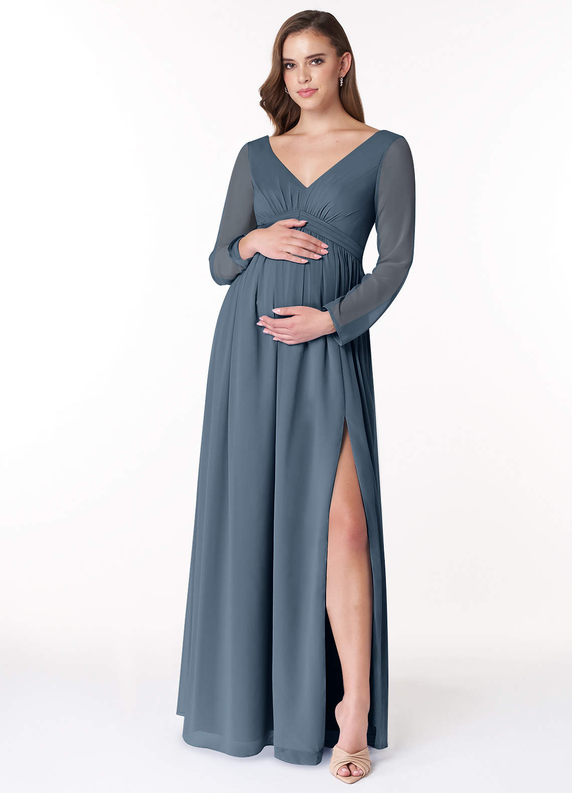 Azazie Teton Maternity Bridesmaid Dresses A-Line Long Sleeve Chiffon Floor-Length Dress image1