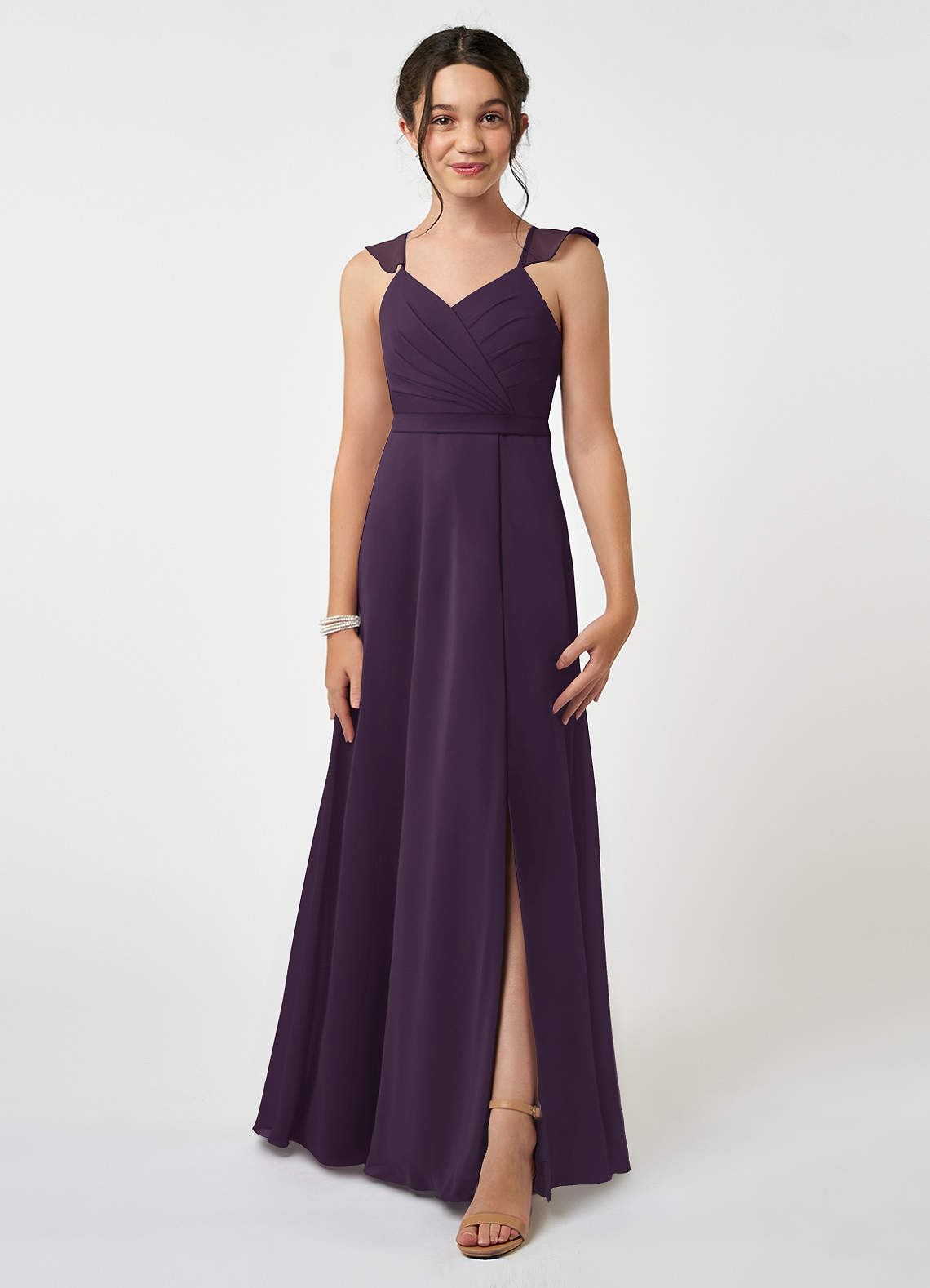 Azazie Emily Junior Plum A-Line Ruched Chiffon Dress image1