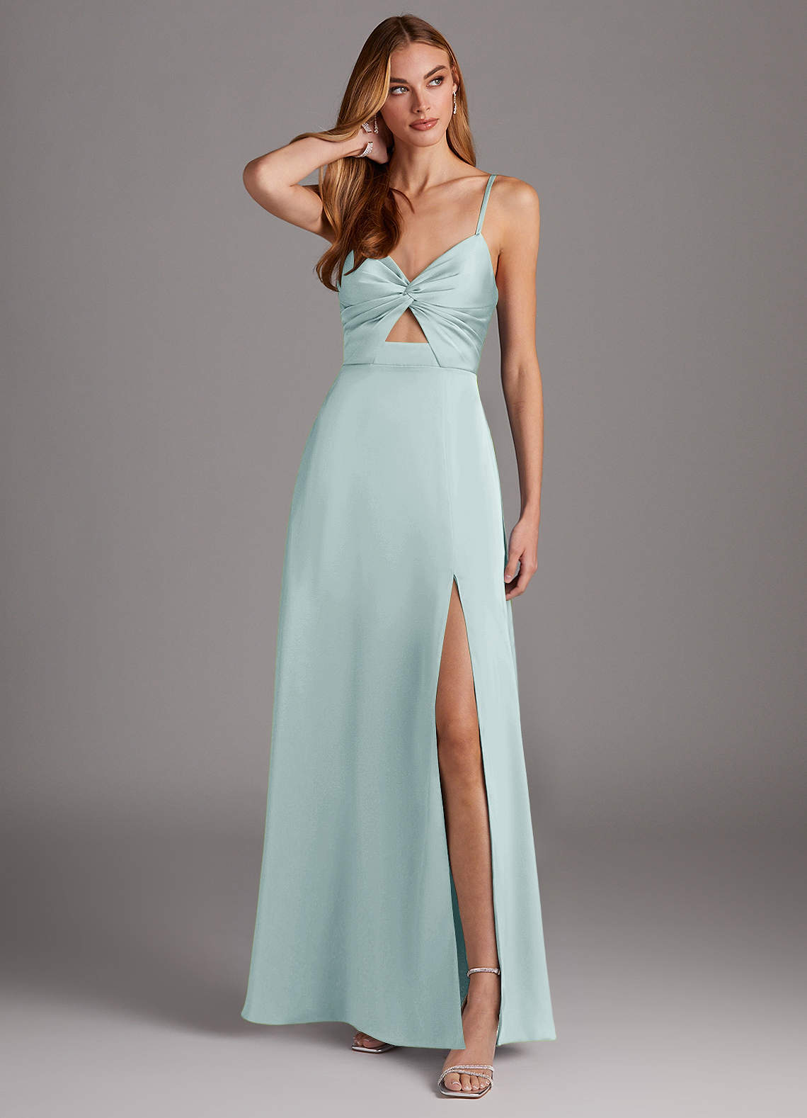 Azazie Jenna Bridesmaid Dresses Mist A-Line Pleated Stretch Satin Dress image1