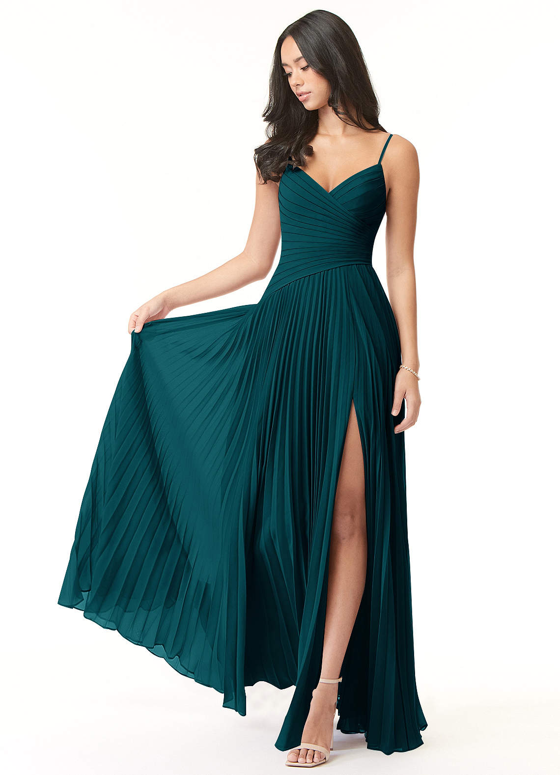 Azazie Vini Bridesmaid Dresses Pine A-Line V-Neck Pleated Chiffon Dress image1