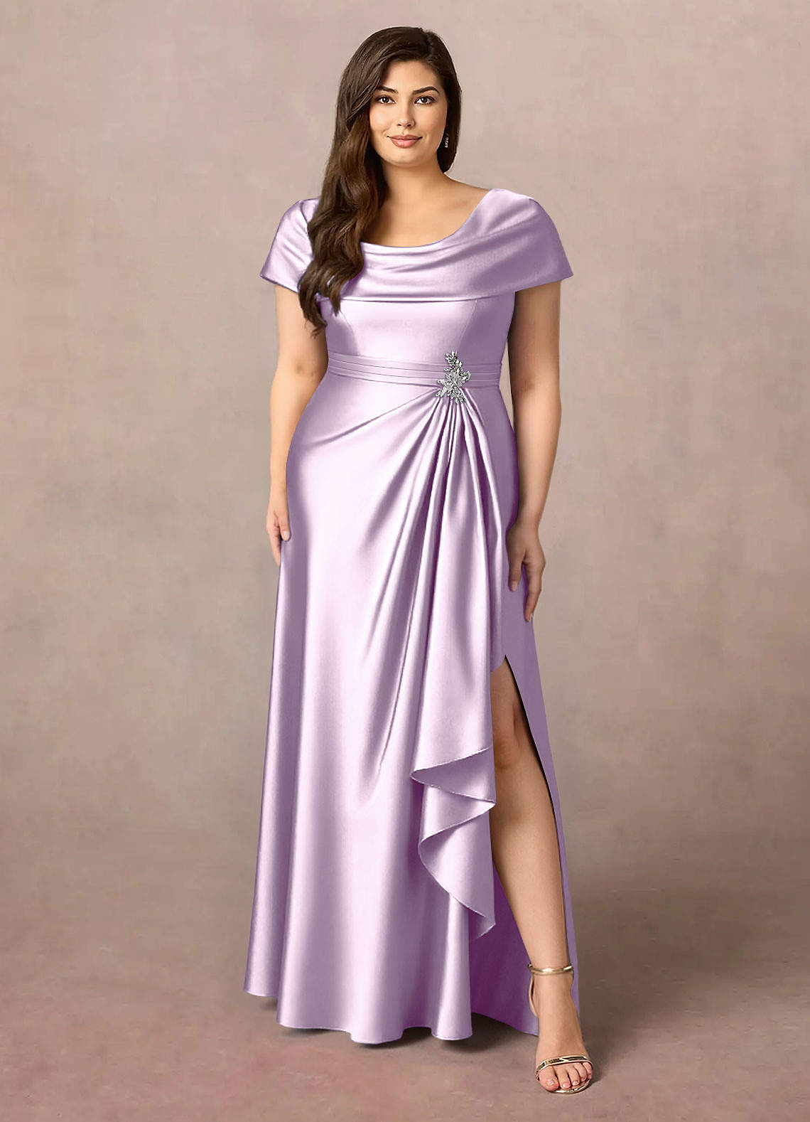 Azazie Branford vestidos de madre de la novia Vestido de Lila Esmerilada de Satén Elástico de Corte en A con Plisado image1