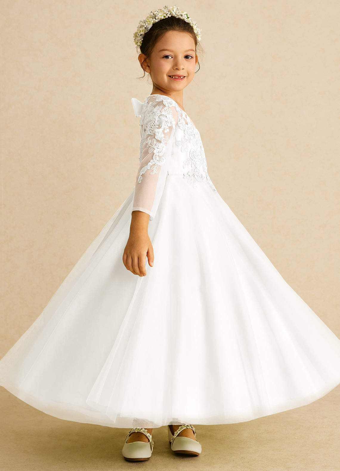 Azazie Precious Flower Girl Dresses Ivory A-Line Lace Tulle Dress image2