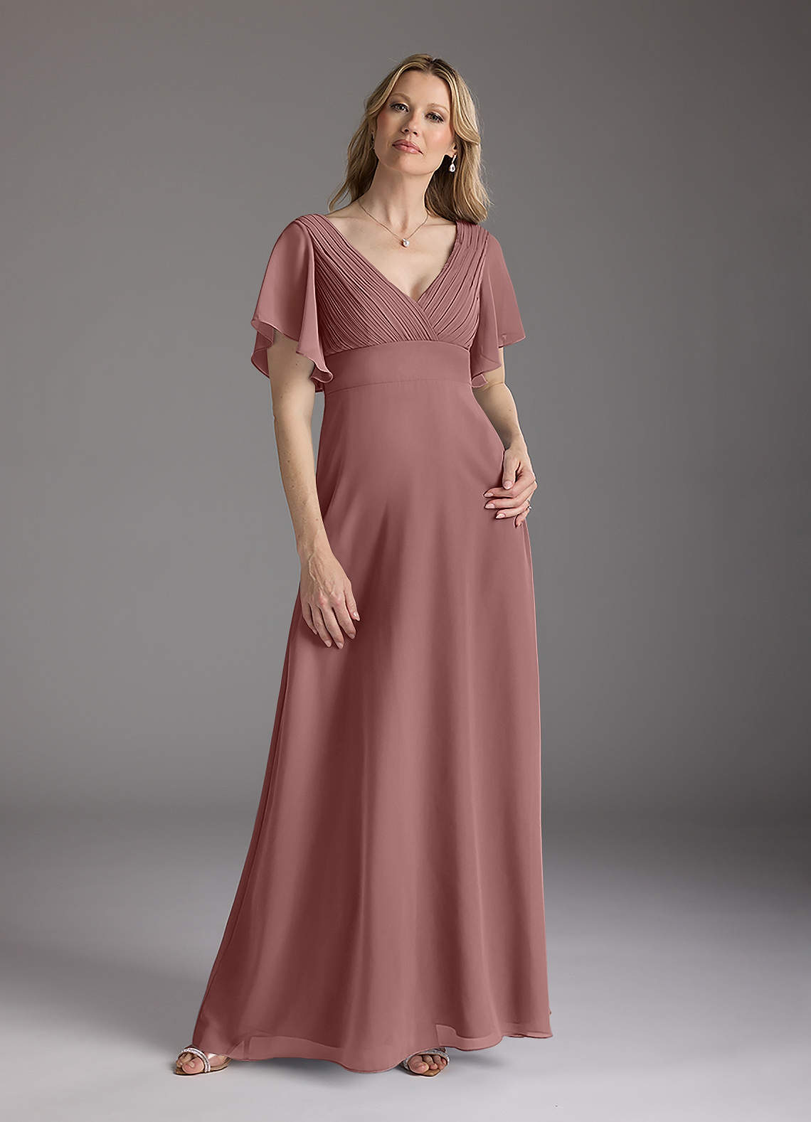 Azazie Alessa Desert Rose A-Line V-Neck Pleated Chiffon Dress