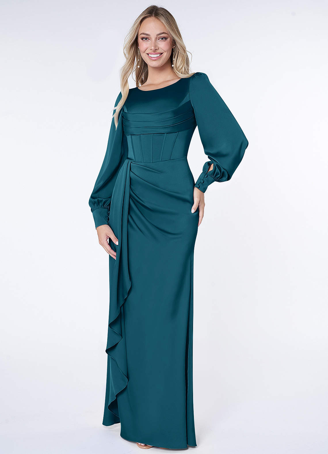 Azazie Raye Robes de demoiselle d'honneur Robe Sirène en Satin extensible Manche longue Bleu Encre image1