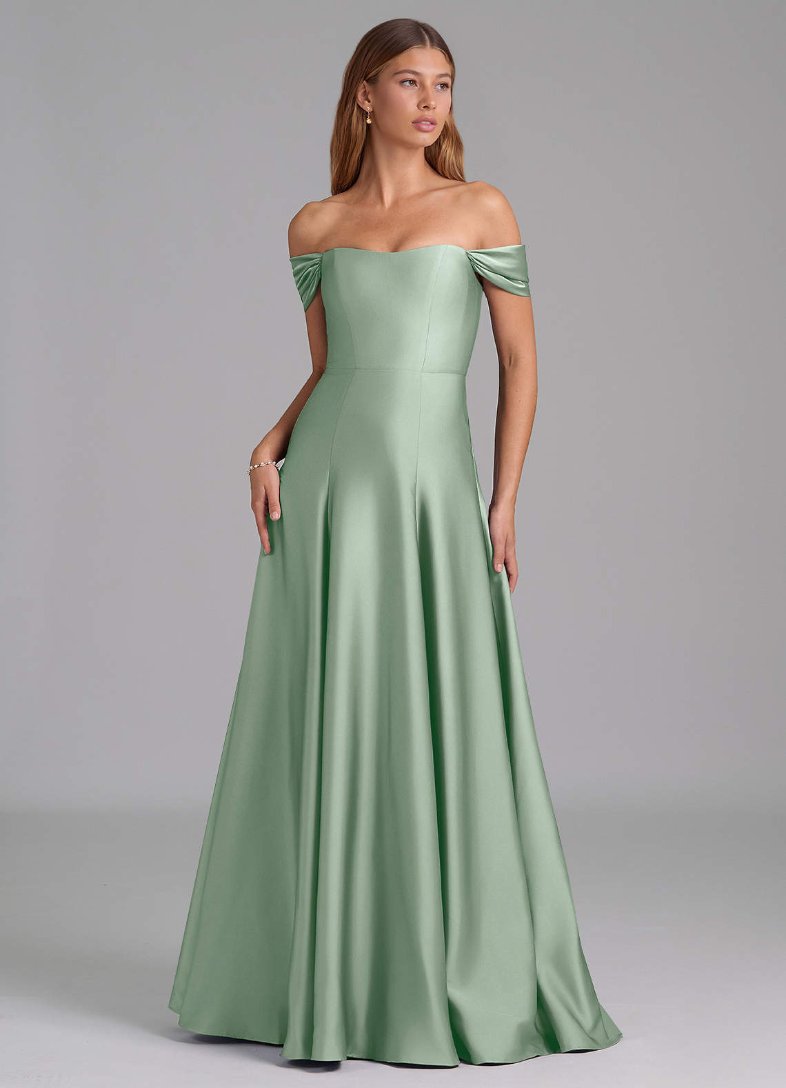 Azazie Seriana Bridesmaid Dresses Agave A-Line Off the Shoulder Stretch Satin Convertible Dress image1