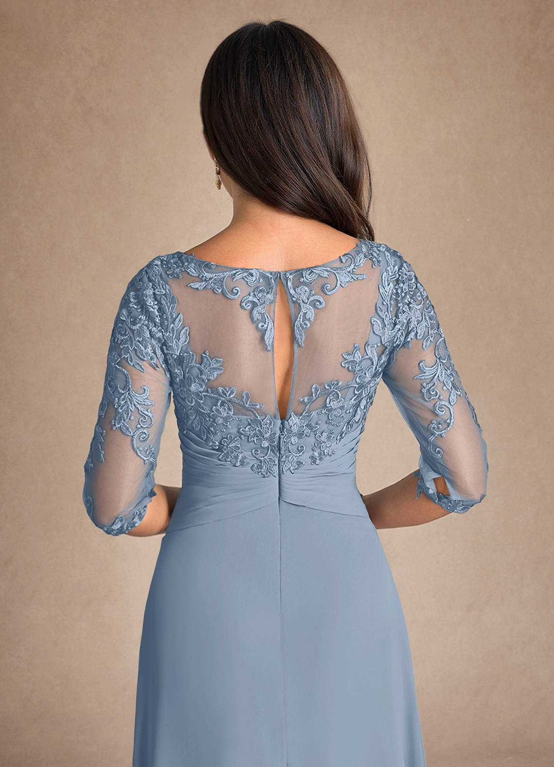 Azazie Marietta At-home Try On Dresses Dusty Blue A-Line Lace Dress image7