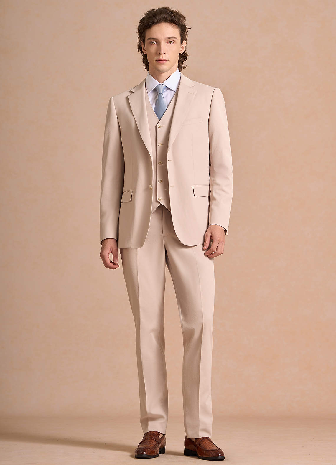 front Carter Tan Cotton Linen Blend 3-Piece Suit