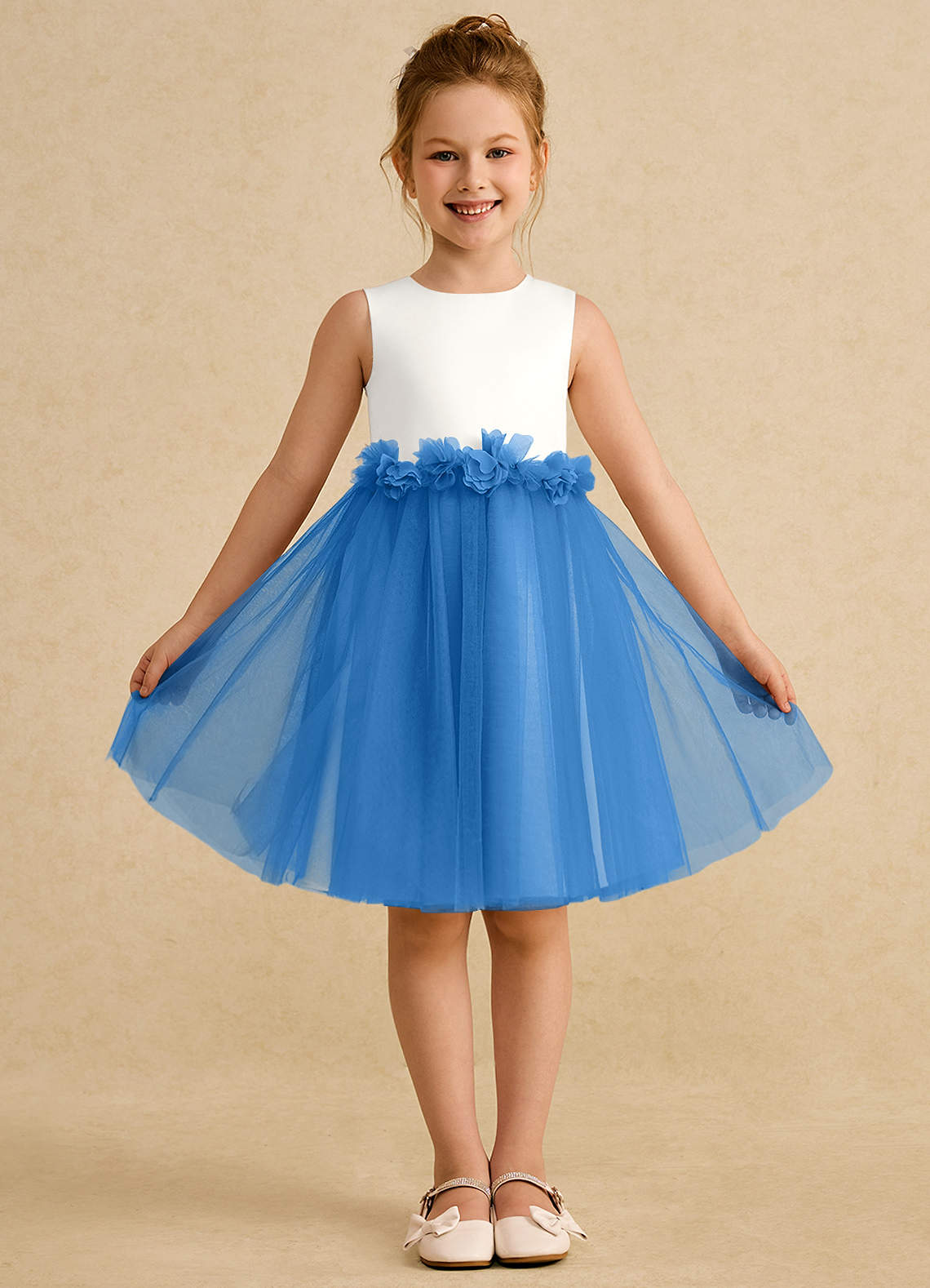 Azazie Louisa Abiti da Ragazza di Fiori Abito A-Line in Tulle Senza Maniche Avorio Ghiandaia Azzurra image1
