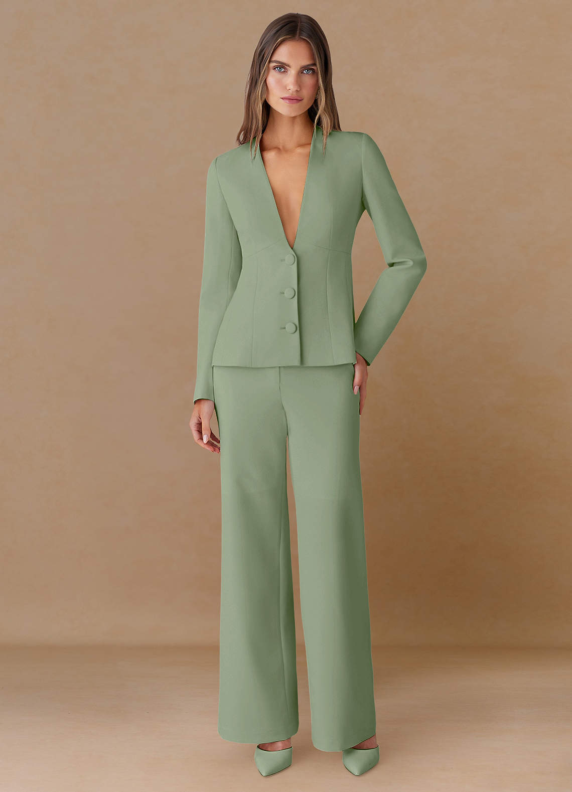 front Elara Dusty Sage Refined Weave Tailored Blazer
