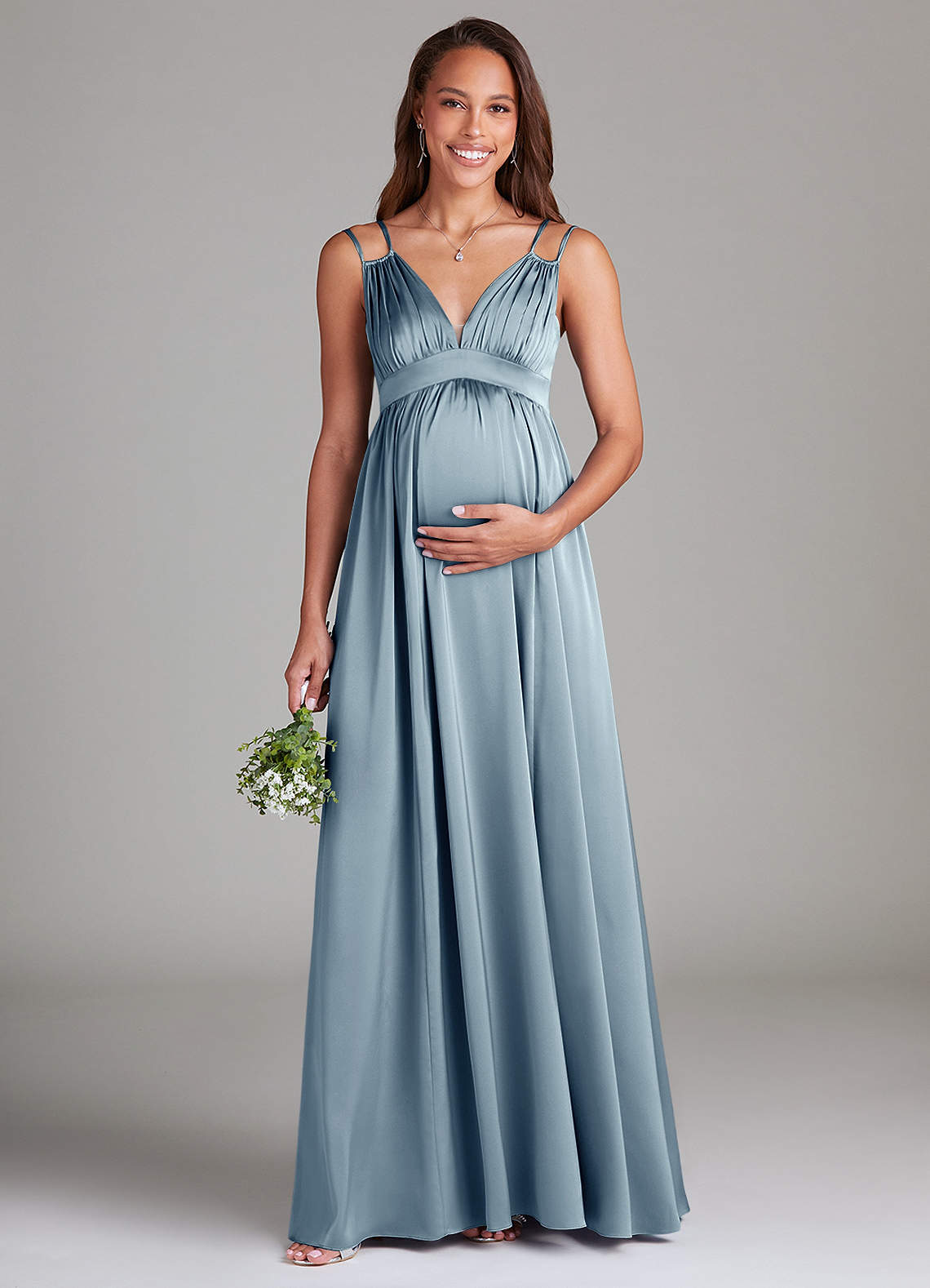 Azazie Emree Maternity Bridesmaid Dresses A-Line Stretch Satin Floor-Length Dress with Pockets image1