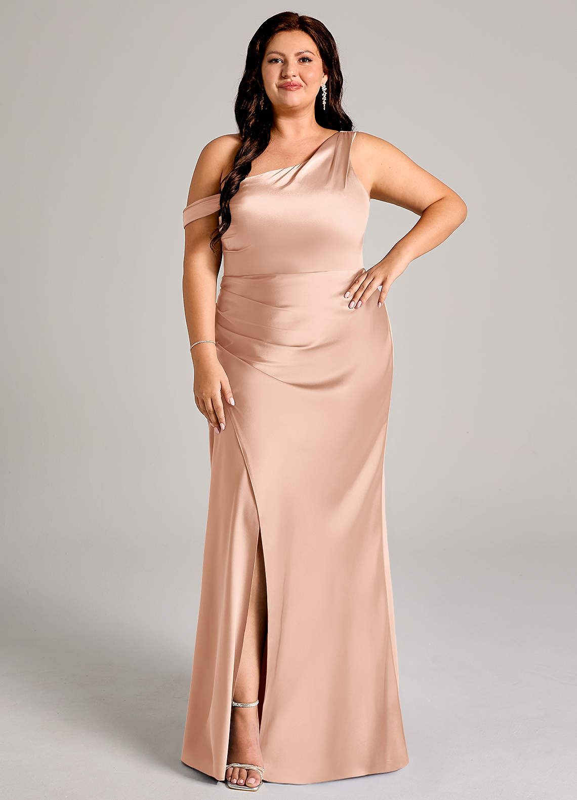 Azazie Madelyn Bridesmaid Dresses Rose Gold Mermaid One Shoulder Stretch Satin Convertible Dress image1