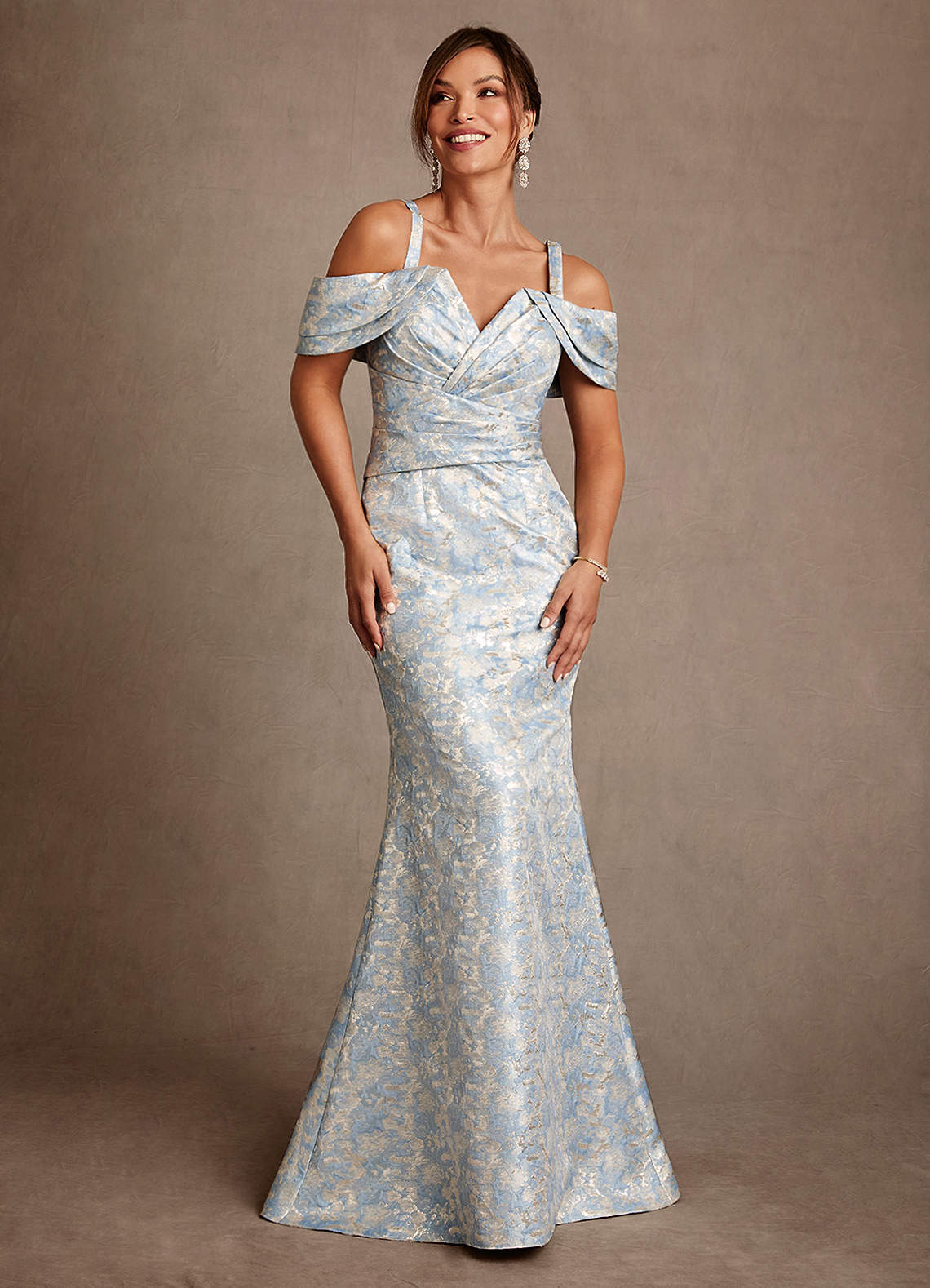 Azazie Bakersfield Dusty Blue Mermaid Off the Shoulder Floral Jacquard Dress  Ready to Ship | Azazie