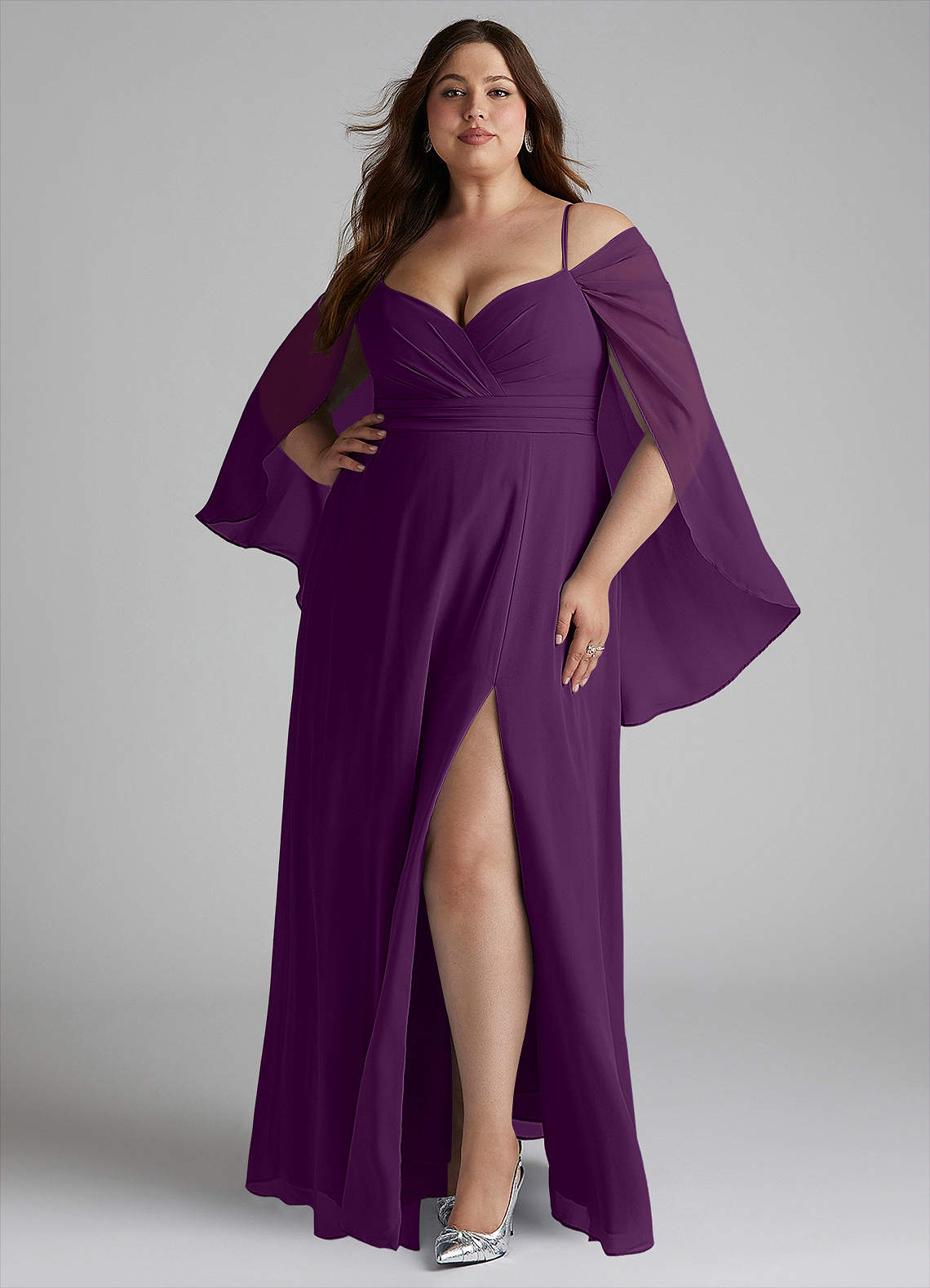 Azazie Cienna Bridesmaid Dresses Grape A-Line Long Sleeve Chiffon Dress image1
