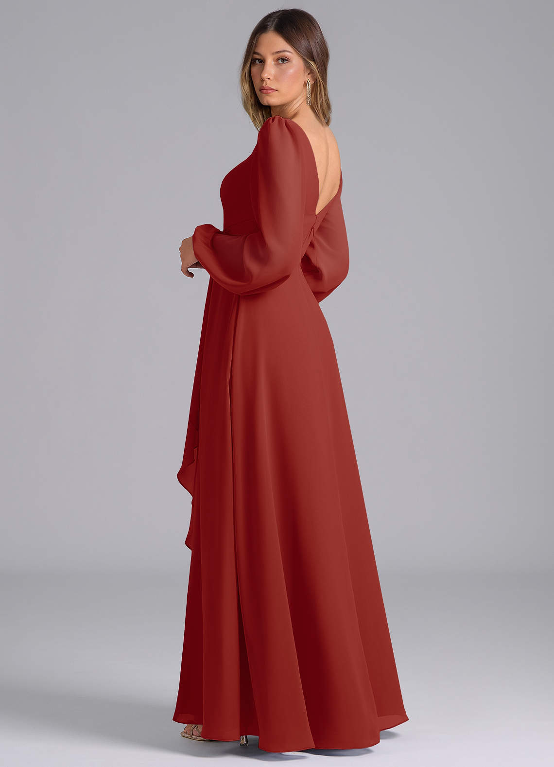 Azazie A-Line V-Neck Long Sleeve Floor-Length Chiffon Bridesmaid Dresses - Terracotta