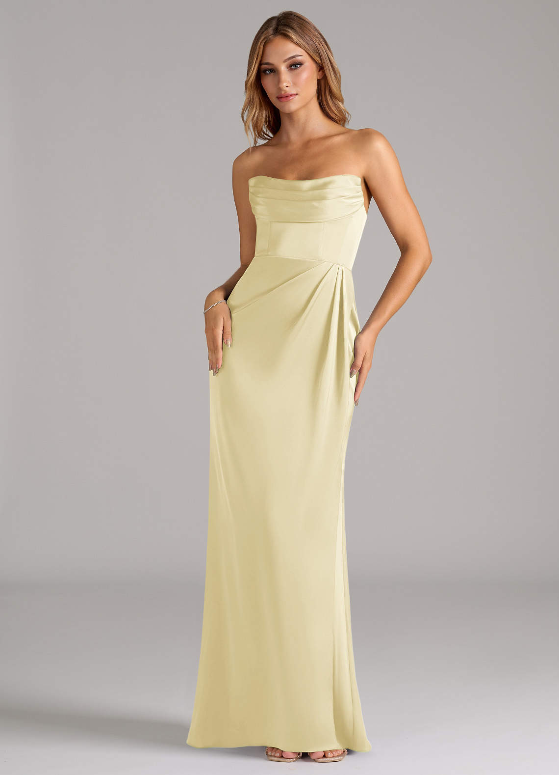 Azazie Johana Brautjungfernkleider Wandelbar Meerjungfrau-Linie Schulterfrei Stretch-Satin Kleid Zitronensorbet image4